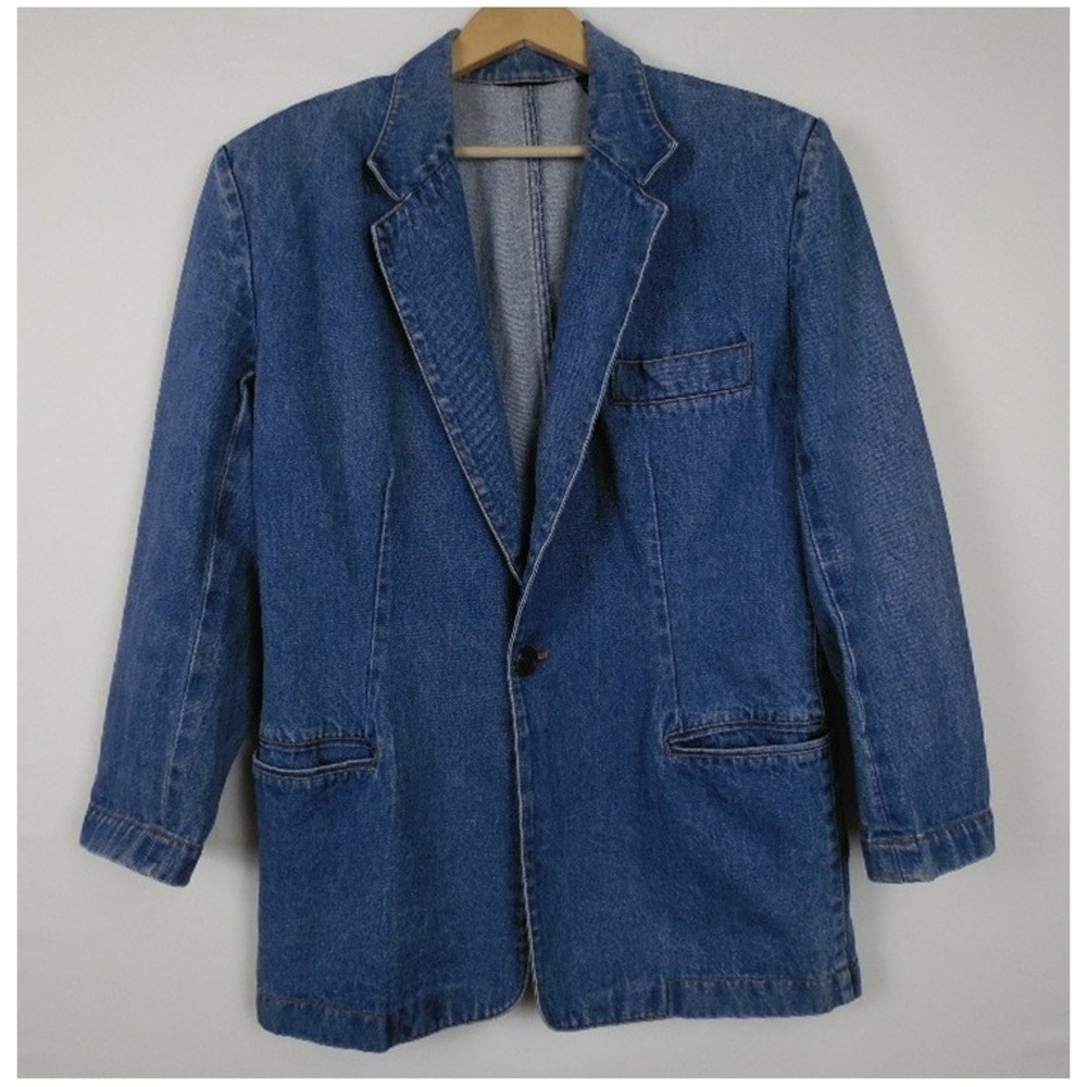 Womens Denim Blazer Blue Jean Jacket Longline Single Button Vintage Style Large